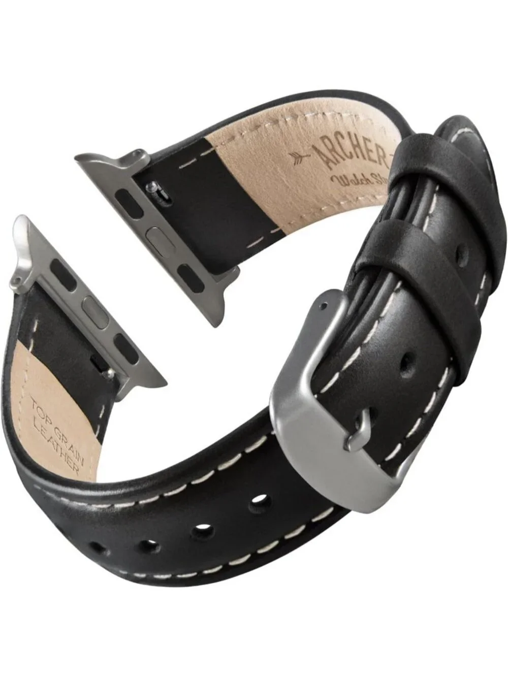 Men's Black/Natural Thread, Matte Silver Hardware Leather Straps Apple Watch